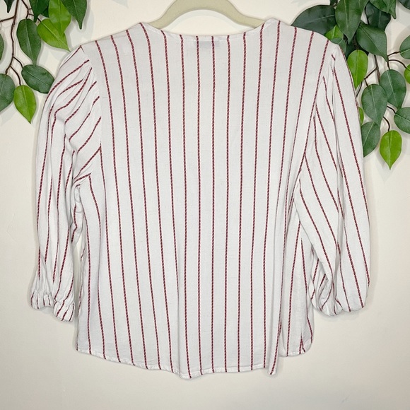 Lush Linen Blend Button Front Striped Puff 3/4 Sleeves Top Blouse Size Medium - Picture 6 of 7
